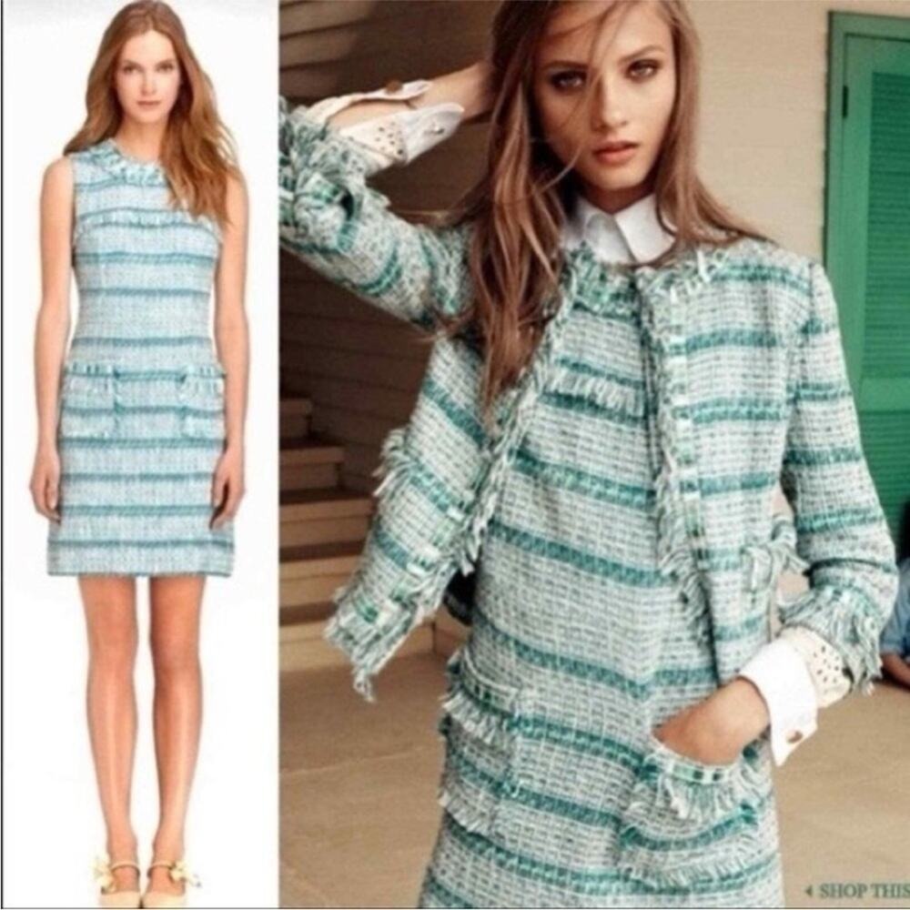 Tory Burch Curtis Green Tweed Fringe Sleeveless Dress sz 12 Large